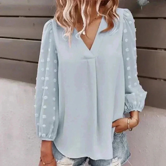 undefined Tops - Sweet Polka Dot Long Sleeve V-Neck Top